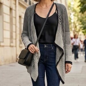 NIC+ZOE Silk Linen Striped Draped Cardigan Small Boho Artsy Lagenlook Luxury